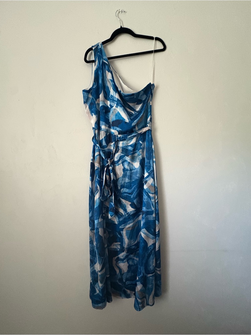 Nicole Miller One-Shoulder Blue and White Abstract Maxi Dress